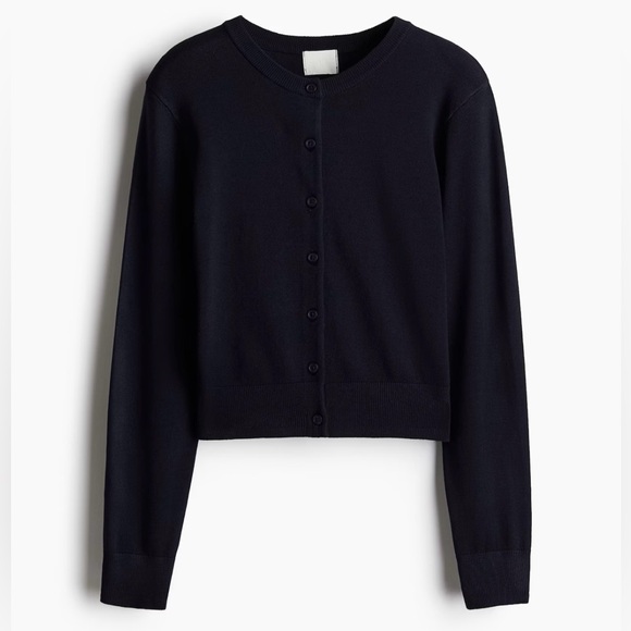 NWT, H&M Fine Knit Cardigan, Ribbed Neckline, Cuffs and Hem. Navy Blue, Size L - Picture 2 of 5